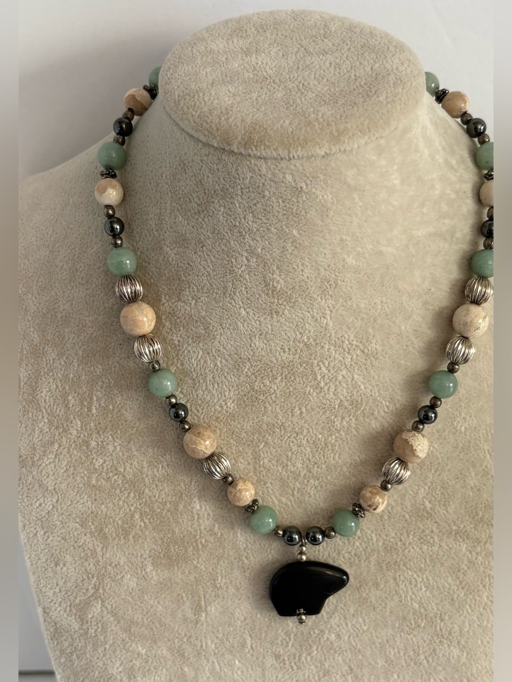 Natural Stone Beaded Necklace Teal Mint Pendant Boho Artisan Jewelry - Picture 6 of 6